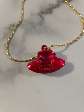 Vintage OTC Signed Red Hat Society Acrylic Pendant Gold Tone Chain Necklace